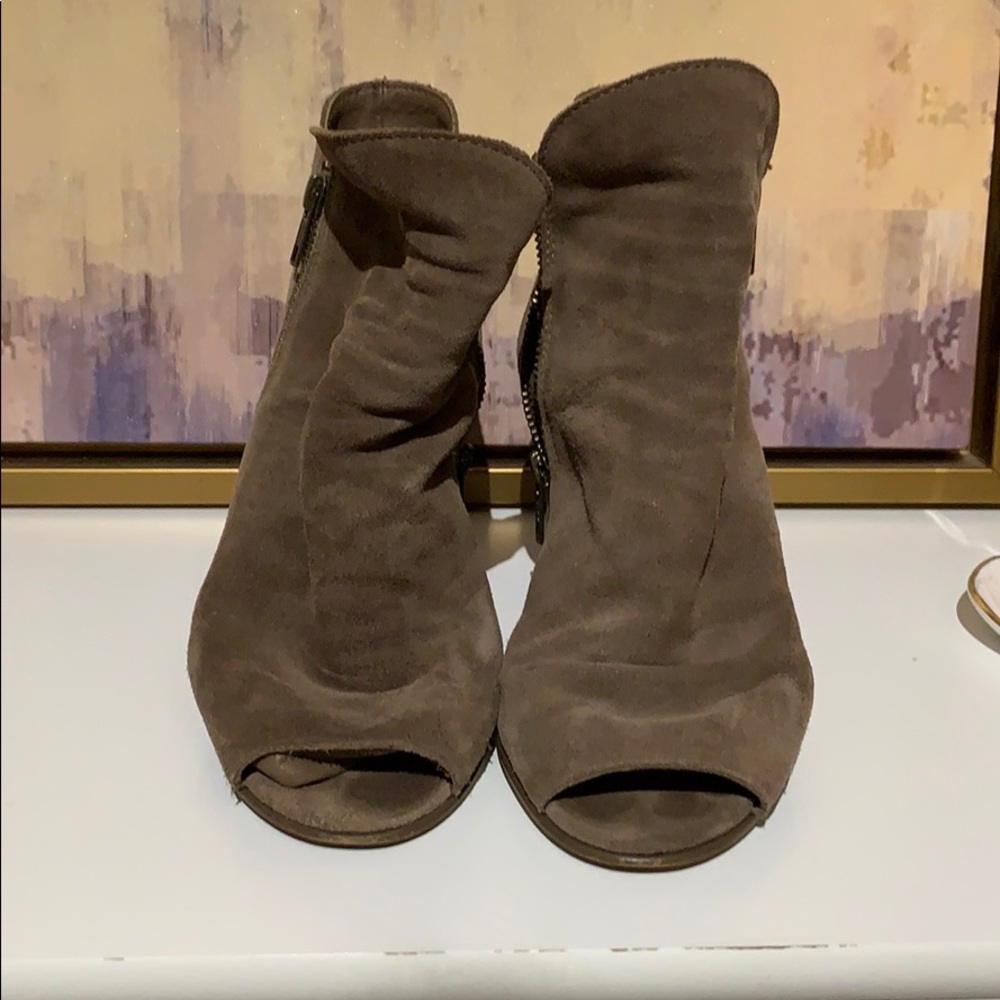 Brown suede open toed booties
